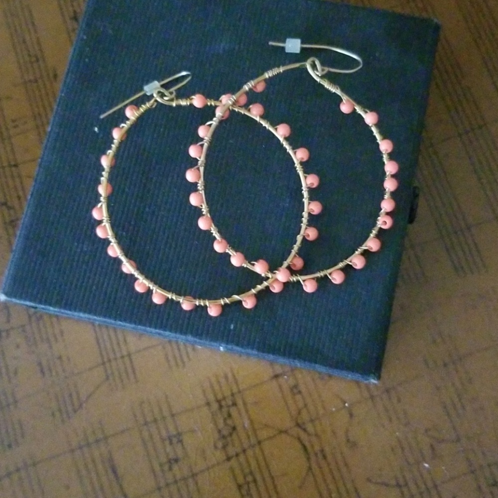 Earrings,  Gold with Coral Hanging Beads